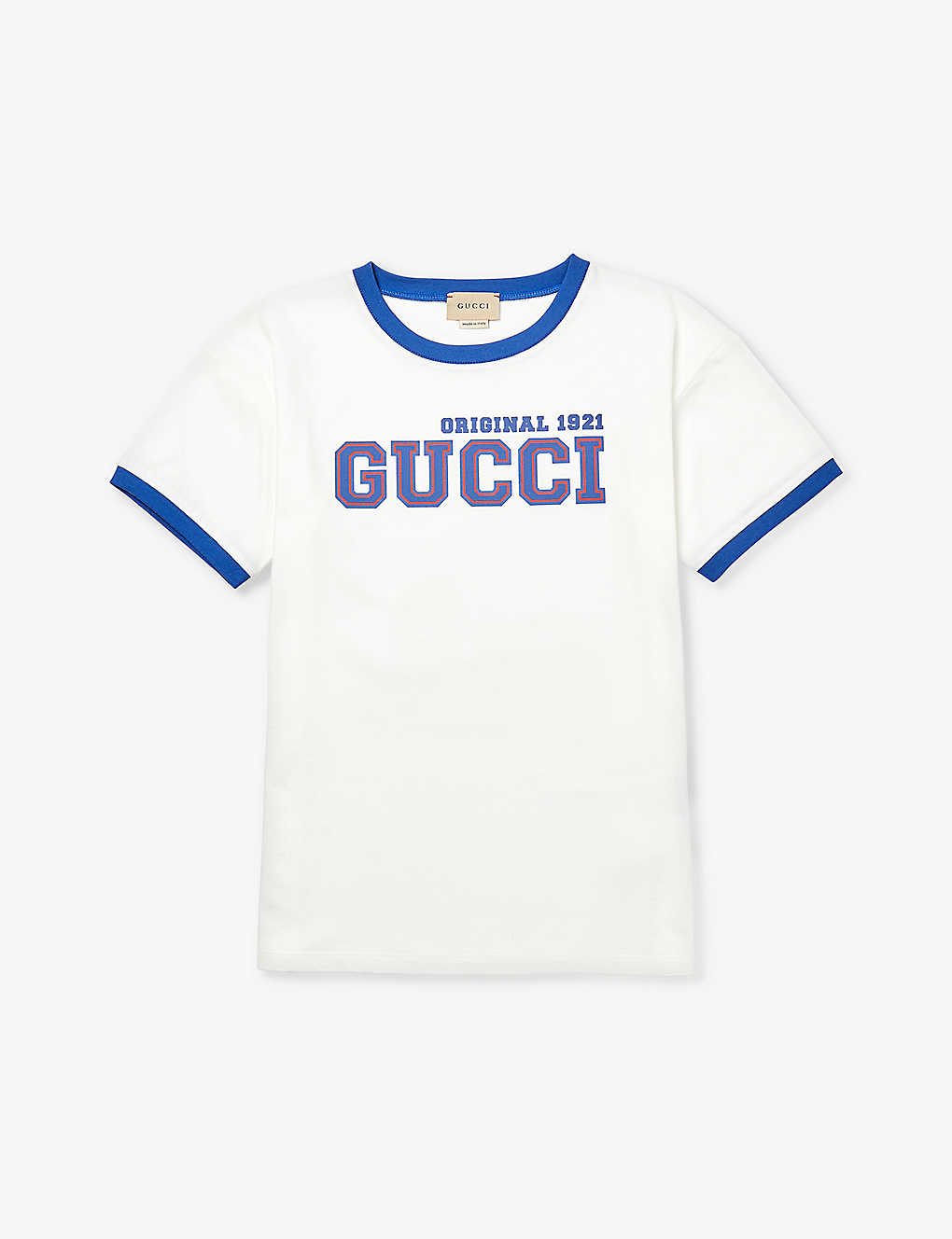 Shop Gucci Boys New White/avio/mc Kids Logo Text-print Cotton-jersey T-shirt 4-10 Years