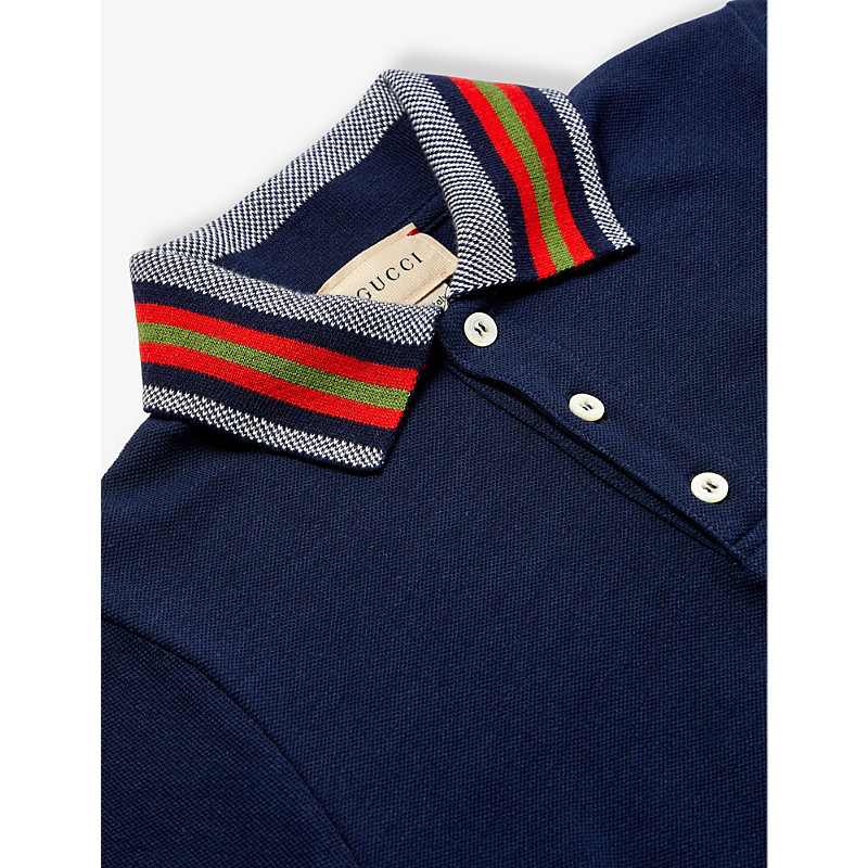 Shop Gucci Boys Oltremare/mix Kids Striped-collar Stretch-cotton Polo Shirt 4-12 Years