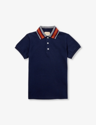 Gucci Kids' Striped-collar Stretch-cotton Polo Shirt 4-12 Years In Oltremare/mix