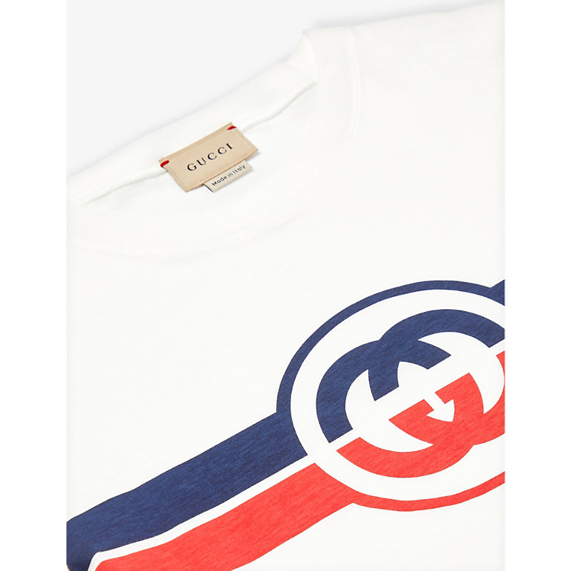 Shop Gucci Boys Newwhite/navy/red/mc Kids Striped Logo-print Cotton-jersey T-shirt 4-12 Years