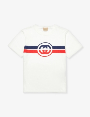 Gucci Kids' Striped Logo-print Cotton-jersey T-shirt 4-12 Years In Newwhite/navy/red/mc