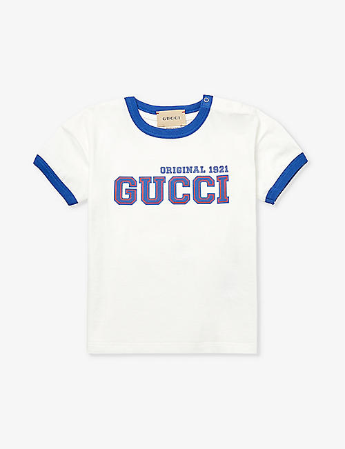 GUCCI: Logo text-print cotton-jersey T-shirt