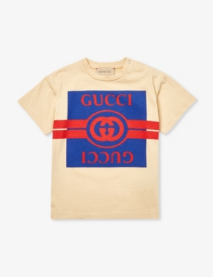 Shop Gucci Logo-print Cotton-jersey T-shirt 3-36 Months In Sweet Cream/avio/mc