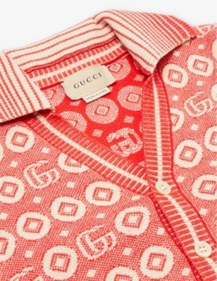 Shop Gucci Double G Jacquard Cardigan 24-36 Months In Red/beige