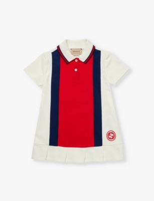 Shop Gucci Milk/sky/red/mc/mx Logo-embroidered Polo-collar Cotton-jersey Dress 3-36 Months