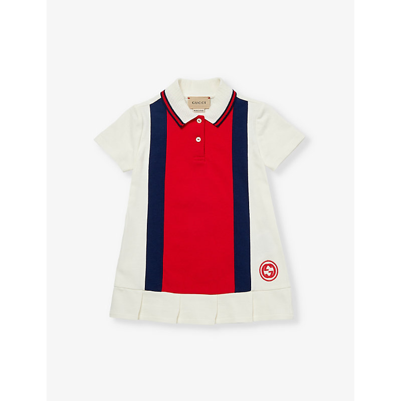 Shop Gucci Logo-embroidered Polo-collar Cotton-jersey Dress 3-36 Months In Milk/sky/red/mc/mx