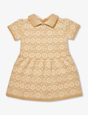 Gucci Kids' Logo-pattern Collared Cotton Dress 6-36 Months In Brown
