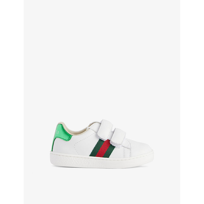 Gucci Kids' New Ace Logo-stripe Leather Low-top Trainers In Gr.white/vrv/ros/b.s