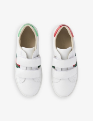 Shop Gucci Kids' New Ace Logo-stripe Leather Low-top Trainers In Gr.white/vrv/ros/b.s