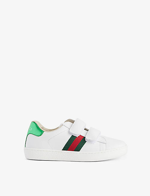GUCCI: Kids' New Ace logo-stripe leather low-top trainers
