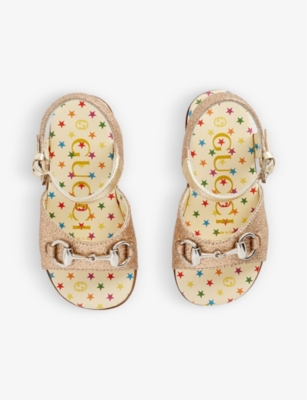 Shop Gucci Girls Sable/bright Gold Kids' Horsebit Hardware-embellished Woven Sandals