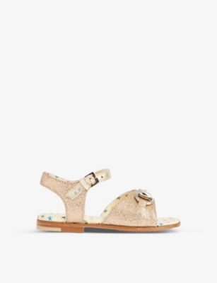 Shop Gucci Girls Sable/bright Gold Kids' Horsebit Hardware-embellished Woven Sandals