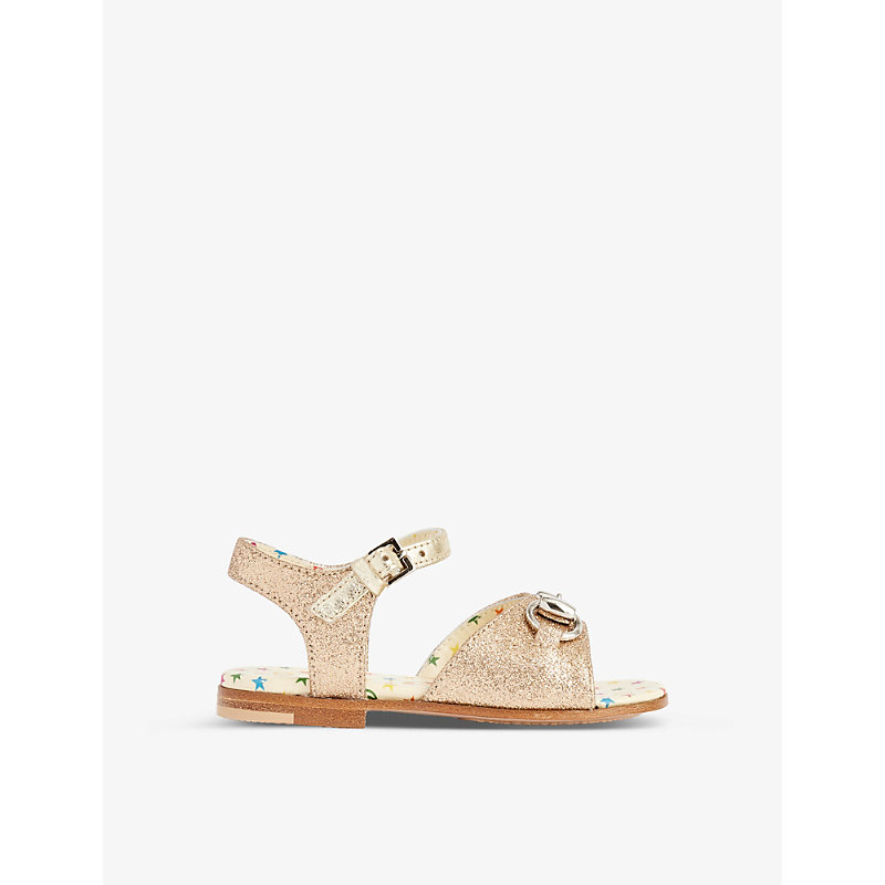 Shop Gucci Girls Sable/bright Gold Kids' Horsebit Hardware-embellished Woven Sandals