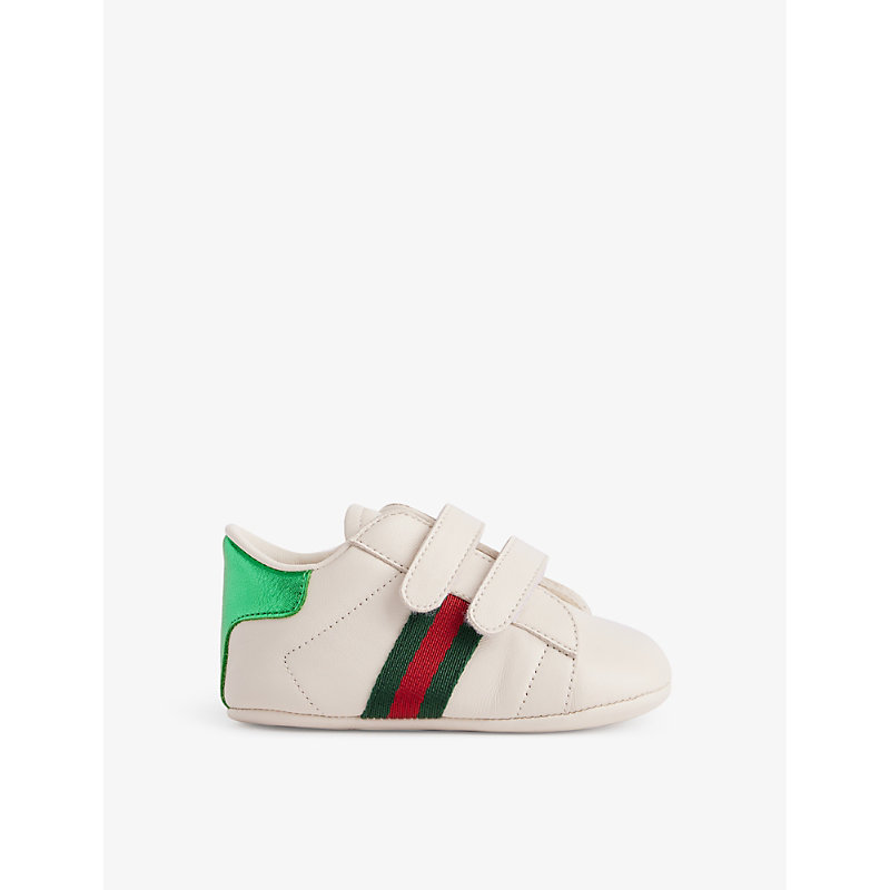 Shop Gucci Kids' Logo-embroidered Leather Crib Shoes In G.wh/vrv/ross/br.sha