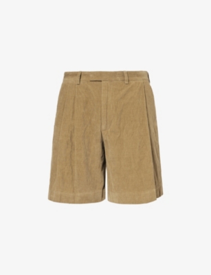 Shop Diomene Pleated Corduroy Mid-rise Cotton-blend Shorts In Canteen