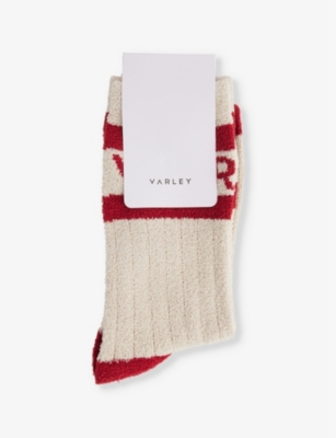 VARLEY WOMENS SANDSHELL/ RED DAHLIA SPENCER LOGO-INTARSIA SOCKS