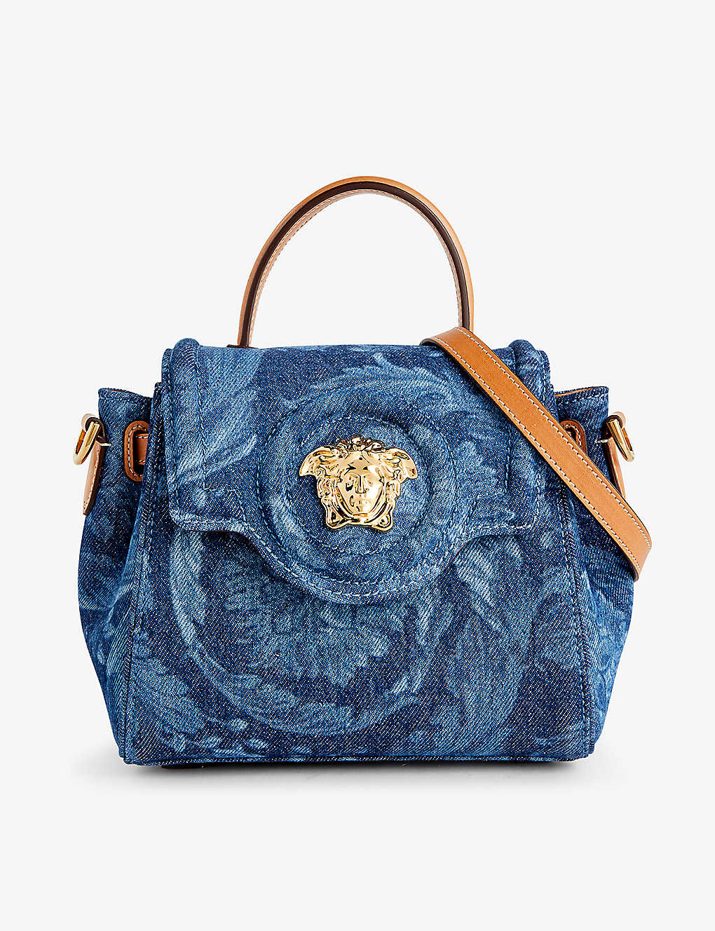 Versace Blue Camel  Gold La Medusa Cotton Shoulder Bag