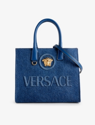 Versace Womens Navy Blue  Gold Medusa Cotton Tote Bag