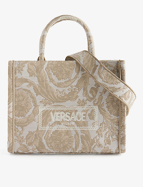 VERSACE: Logo-print medium woven-blend tote bag