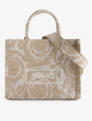 Versace Logo-print Medium Woven-blend Tote Bag In Beige