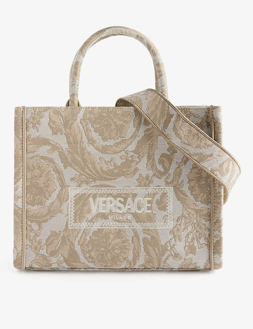 Versace Logo-print Medium Woven-blend Tote Bag In Beige