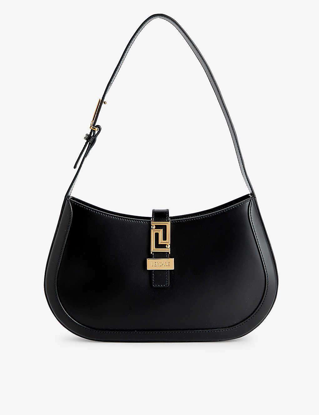 Versace Womens Black  Gold Greca Goddess Leather Shoulder Bag