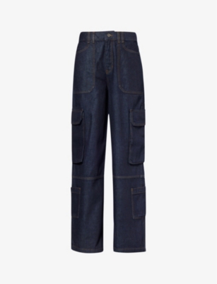 ME AND EM: Contrast-stitch patch-pocket wide-leg mid-rise denim trousers