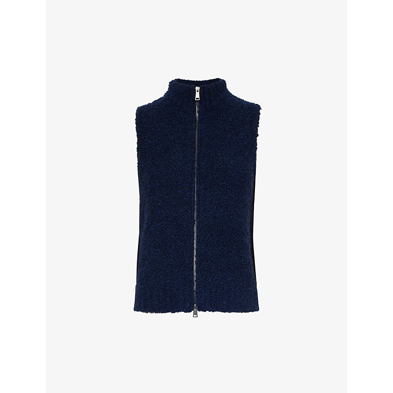 Me And Em Zip-up High-neck Boucle Wool-blend Gilet In Navy