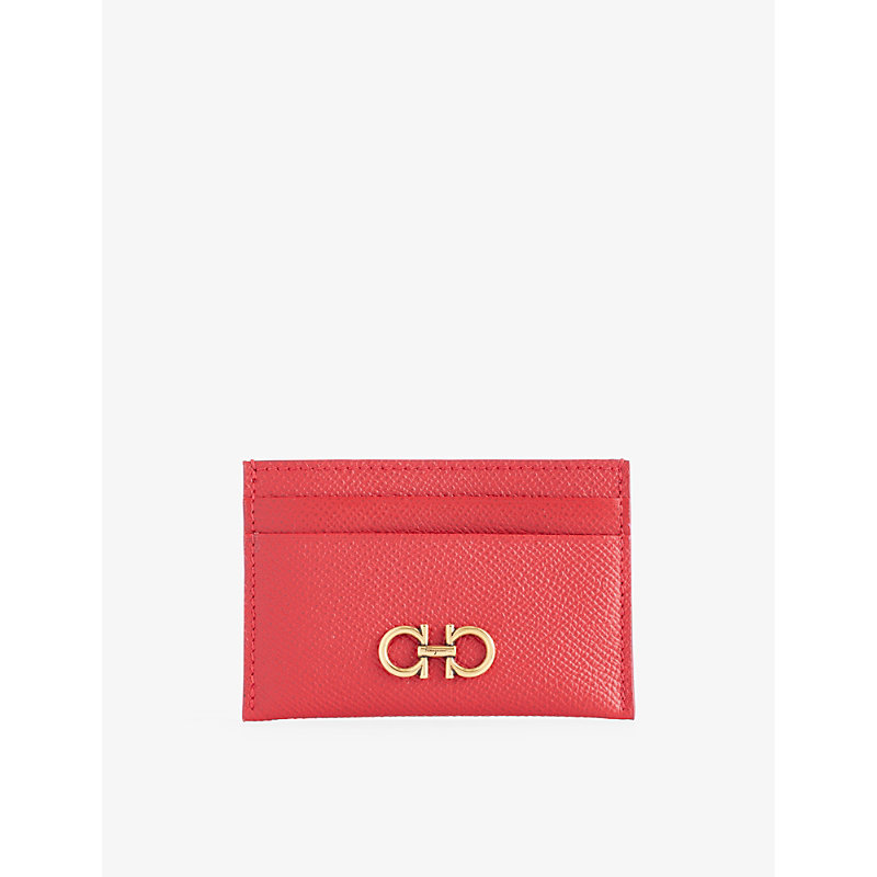 Ferragamo Lipstick Gancini Logo-plaque Leather Card Holder In Red