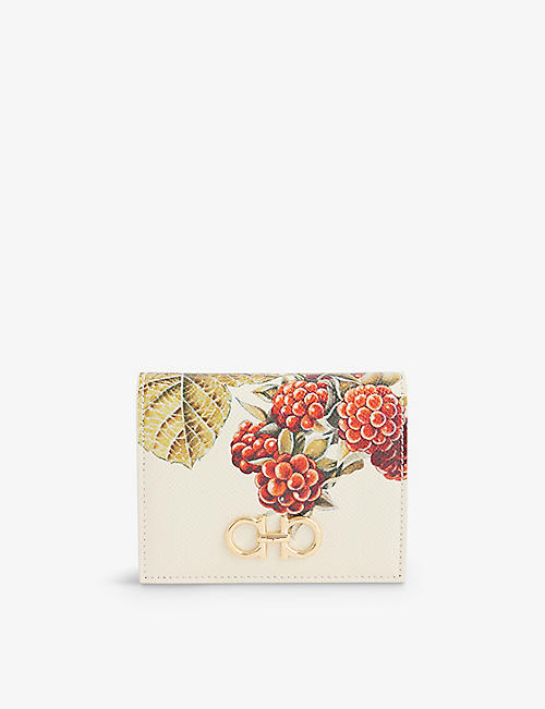 FERRAGAMO: Gancini-buckle berry-print leather wallet