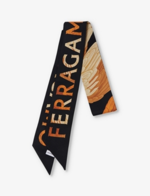 Ferragamo Womens Black Brand-pattern Silk Scarf