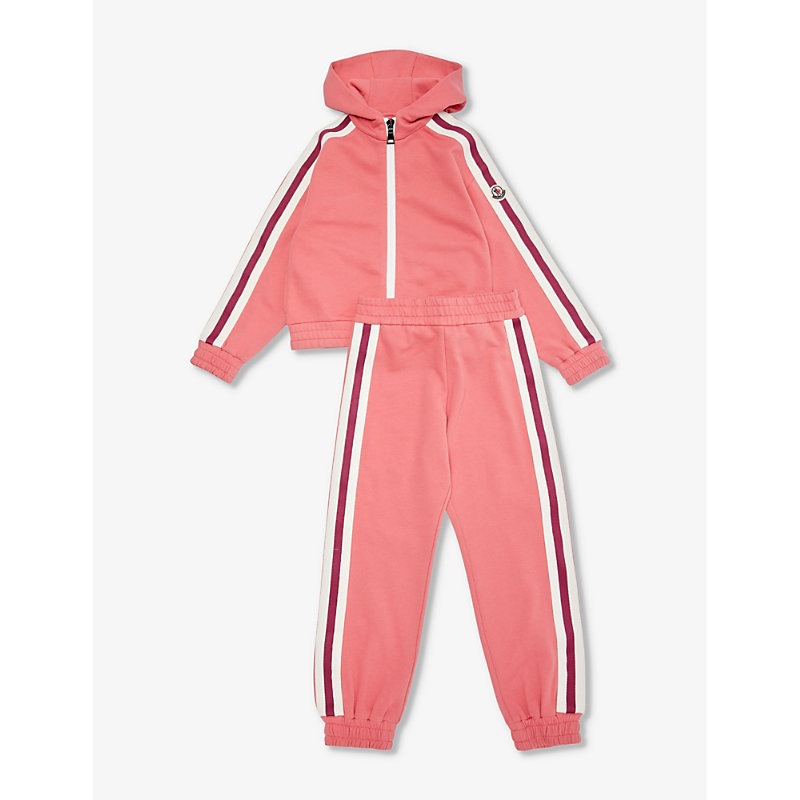 Shop Moncler Girls Pink Kids Brand-patch Stripe-trim Cotton-jersey Tracksuit 4-12 Years