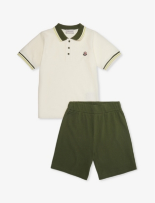 Shop Moncler Boys Bright Green Kids Brand-patch Contrast-stripe Two-piece Cotton-piqué Set 4-14 Years