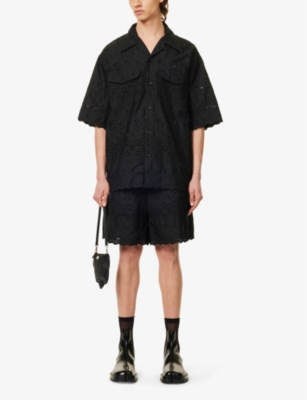 Shop Simone Rocha Floral-embroidered Boxy-fit Cotton Shirt In Black/black