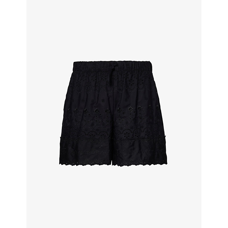 Shop Simone Rocha Floral-embroidered Drawstring-waist Cotton Shorts In Black/black