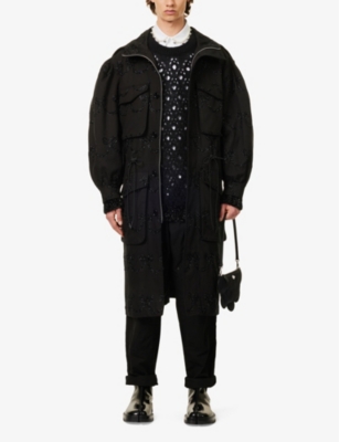 Shop Simone Rocha Men's Black/black Bow-pattern Relaxed-fit Cotton-twill Coat