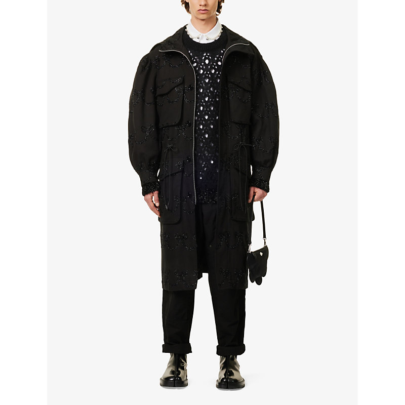 Shop Simone Rocha Men's Black/black Bow-pattern Relaxed-fit Cotton-twill Coat