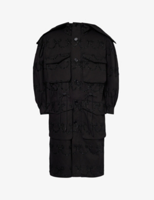 Simone Rocha Bow-pattern Relaxed-fit Cotton-twill Coat In Black/black