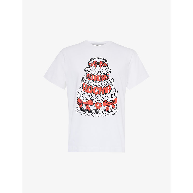 Shop Simone Rocha Mens White/black/red Graphic-print Crewneck Cotton-jersey T-shirt