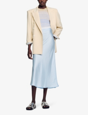 Shop Sandro Women's Bleus Logo Lace-waistband Floaty-hem Satin Midi Skirt