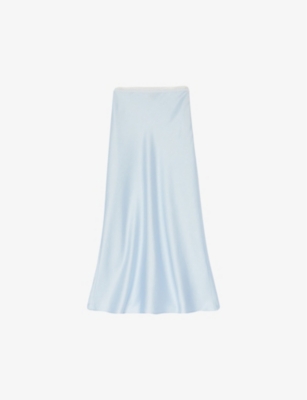 Shop Sandro Women's Bleus Logo Lace-waistband Floaty-hem Satin Midi Skirt