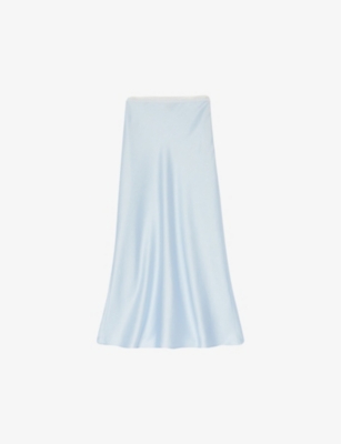 Sandro Womens Bleus Logo Lace-waistband Floaty-hem Satin Midi Skirt In Bleus