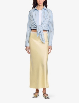 SANDRO: Logo lace-waistband floaty-hem satin midi skirt