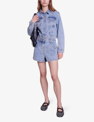 Shop Maje Womens Bleus Diamanté-embellished High-rise Denim Shorts