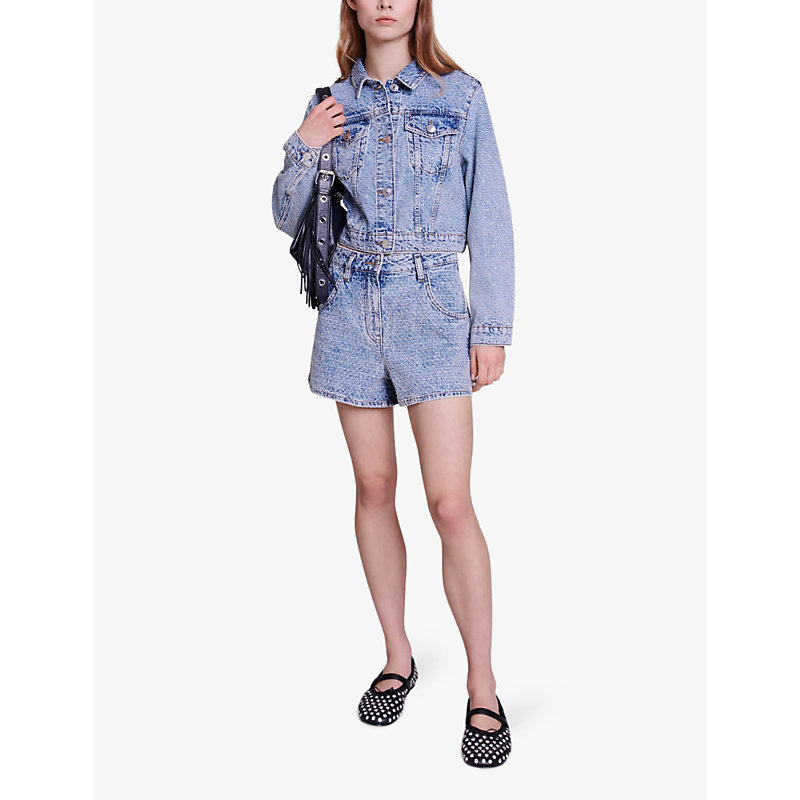 Shop Maje Women's Bleus Diamanté-embellished High-rise Denim Shorts