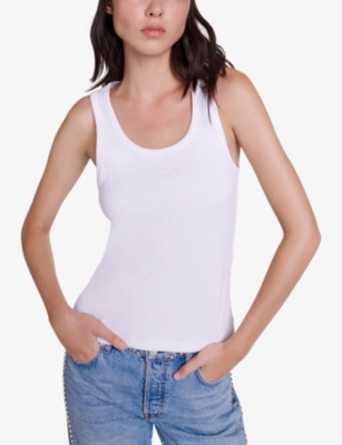 Maje Womens Blanc Logo-embroidered Ribbed Stretch-cotton Vest In Blanc