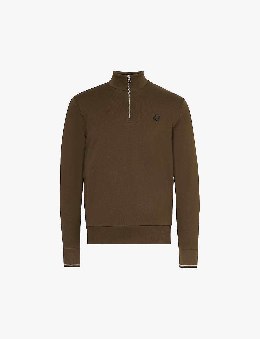 Fred Perry Mens Burnt Tobacco Ringer Logo-embroidered Half-zip Cotton-jersey Sweatshirt