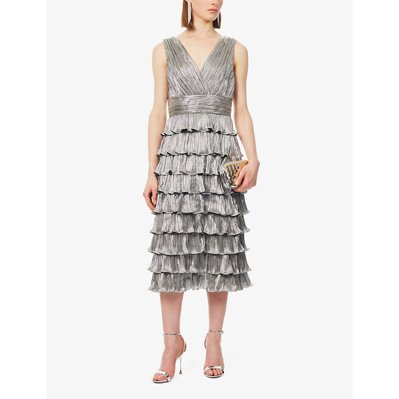 Shop Zac Posen Women's Silver-072 Metallic Tiered-hem Woven Midi Dress
