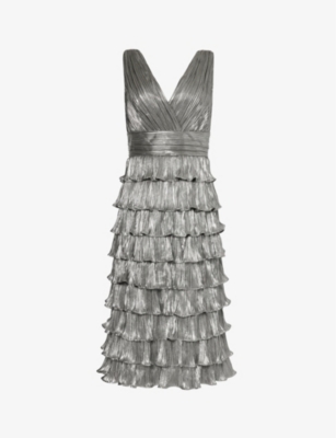 Shop Zac Posen Women's Silver-072 Metallic Tiered-hem Woven Midi Dress