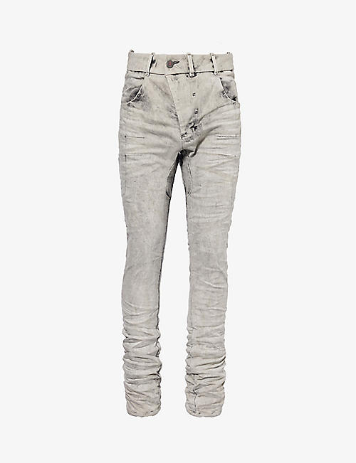 BORIS BIDJAN SABERI: Asymmetric-waist drawstring-trim regular-fit stretch-denim jeans